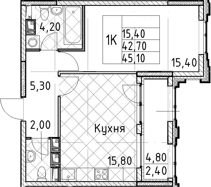 1-комнатная квартира 45.1 м², 12/13 эт., ЖК «Тайм Сквер»